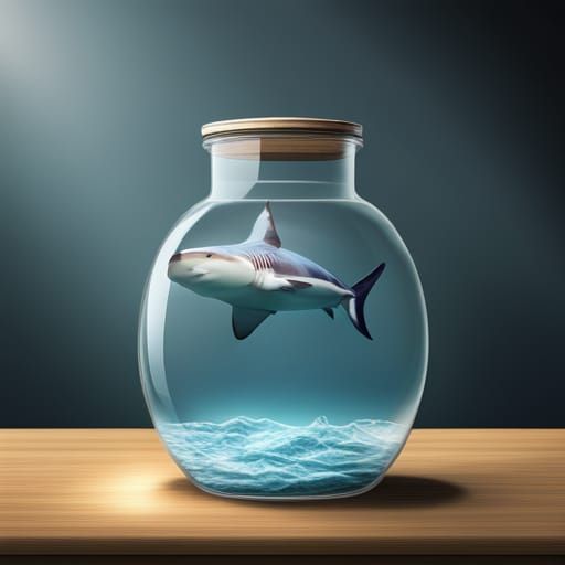 sharks swimming inside glass jar on a desk, photorealistic