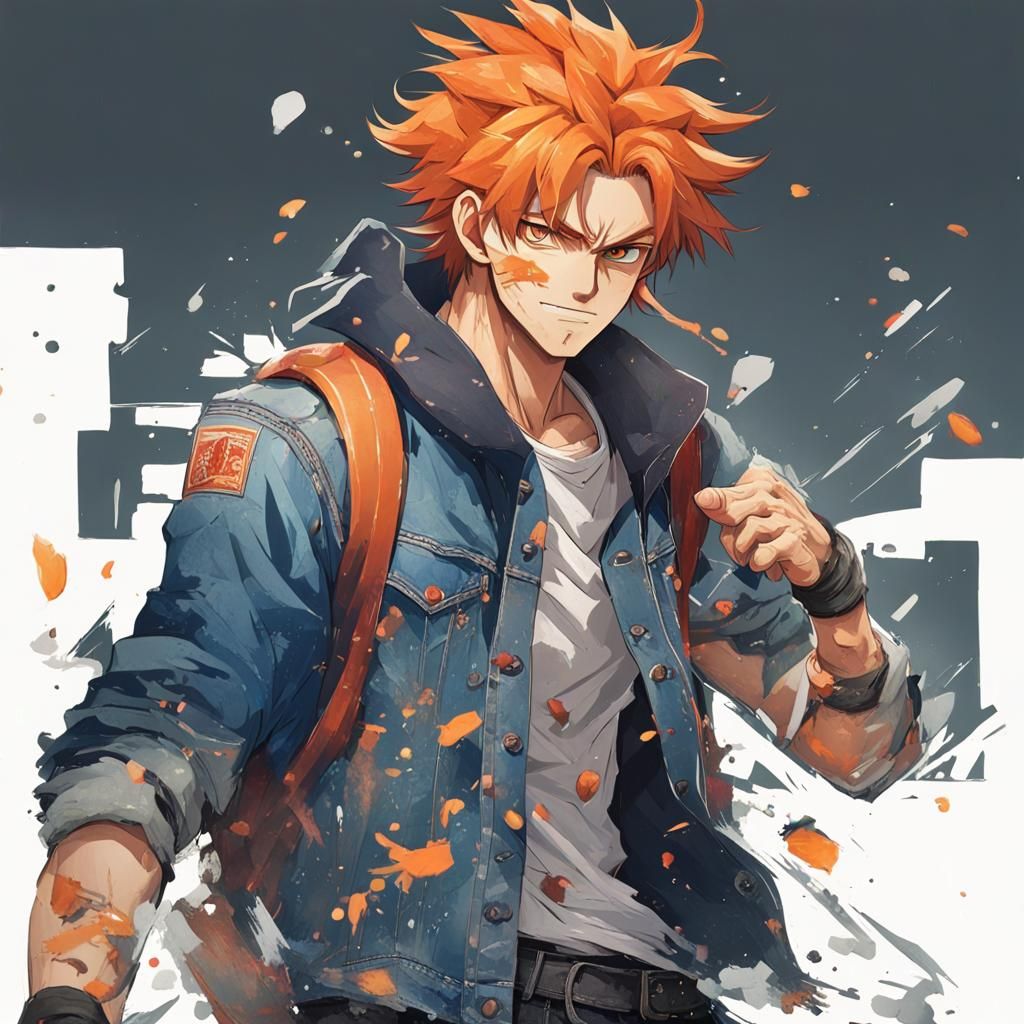 Messy hair, orange hair and eyes, Jean jacket, shirtless, ri...
