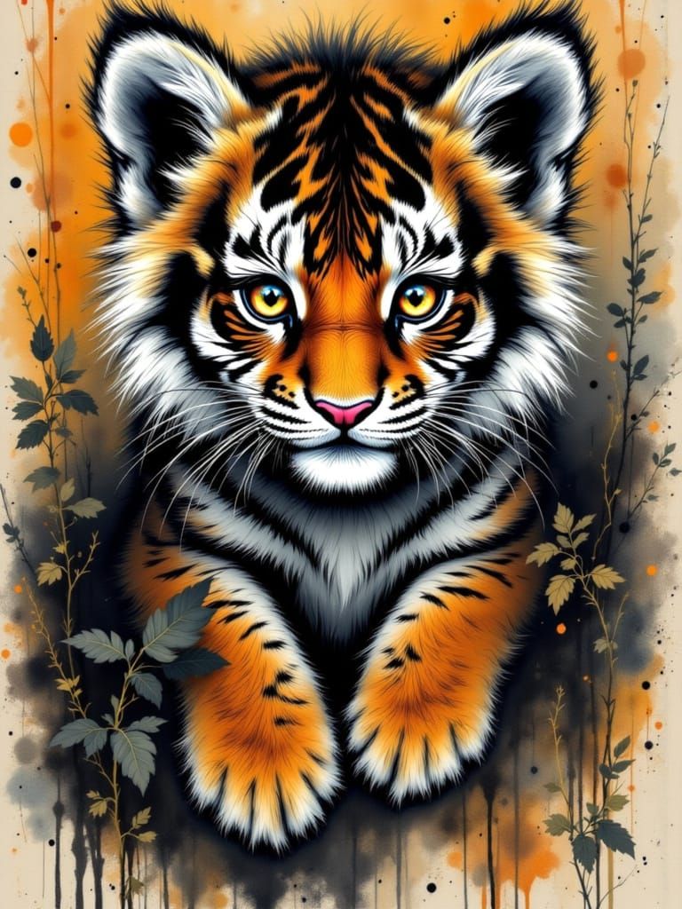 <lora:HRH-pawtraits:1.0> Aged black canvas, a beautiful fluffy, long haired tiger cub, loose detailed strokes to add detail and texture, ink...