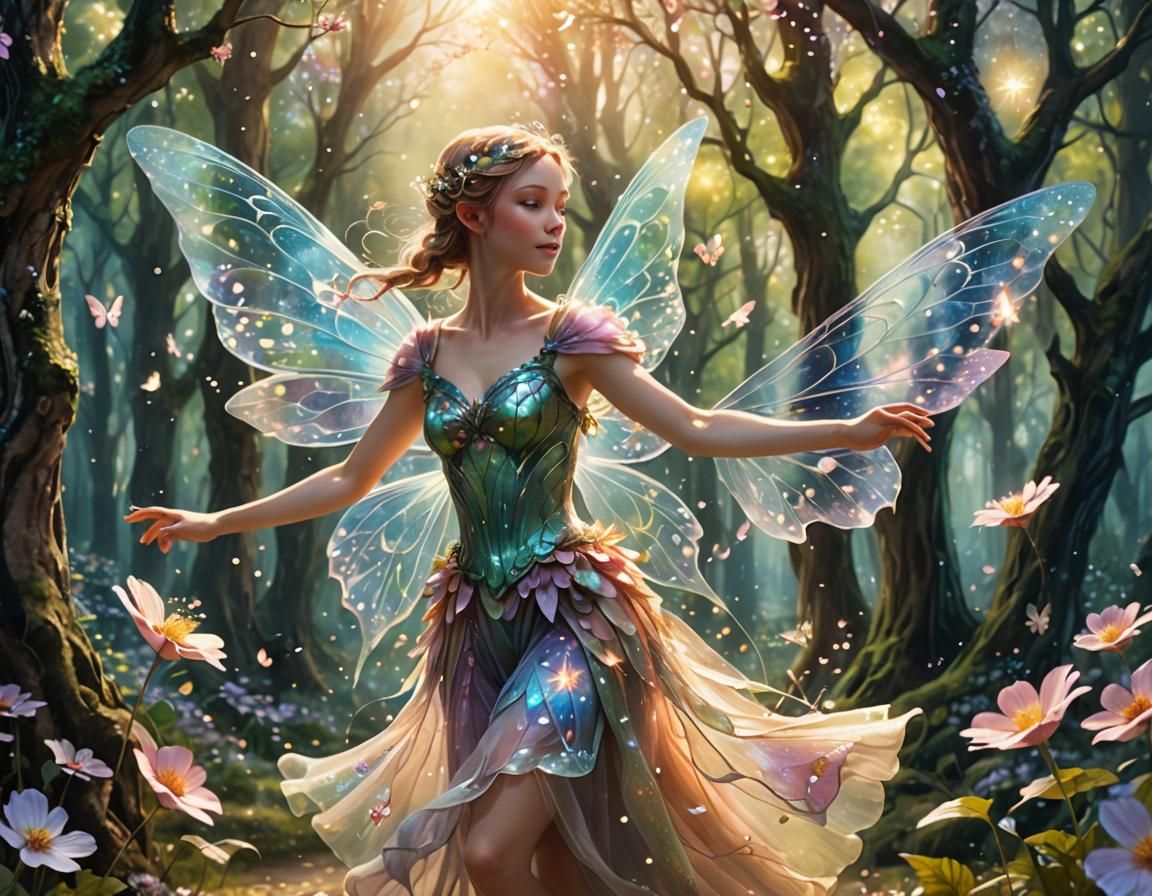 Create a vibrant and enchanting GIF featuring a delightful fairy fluttering gracefully through a mystical woodland. The scene should be set...