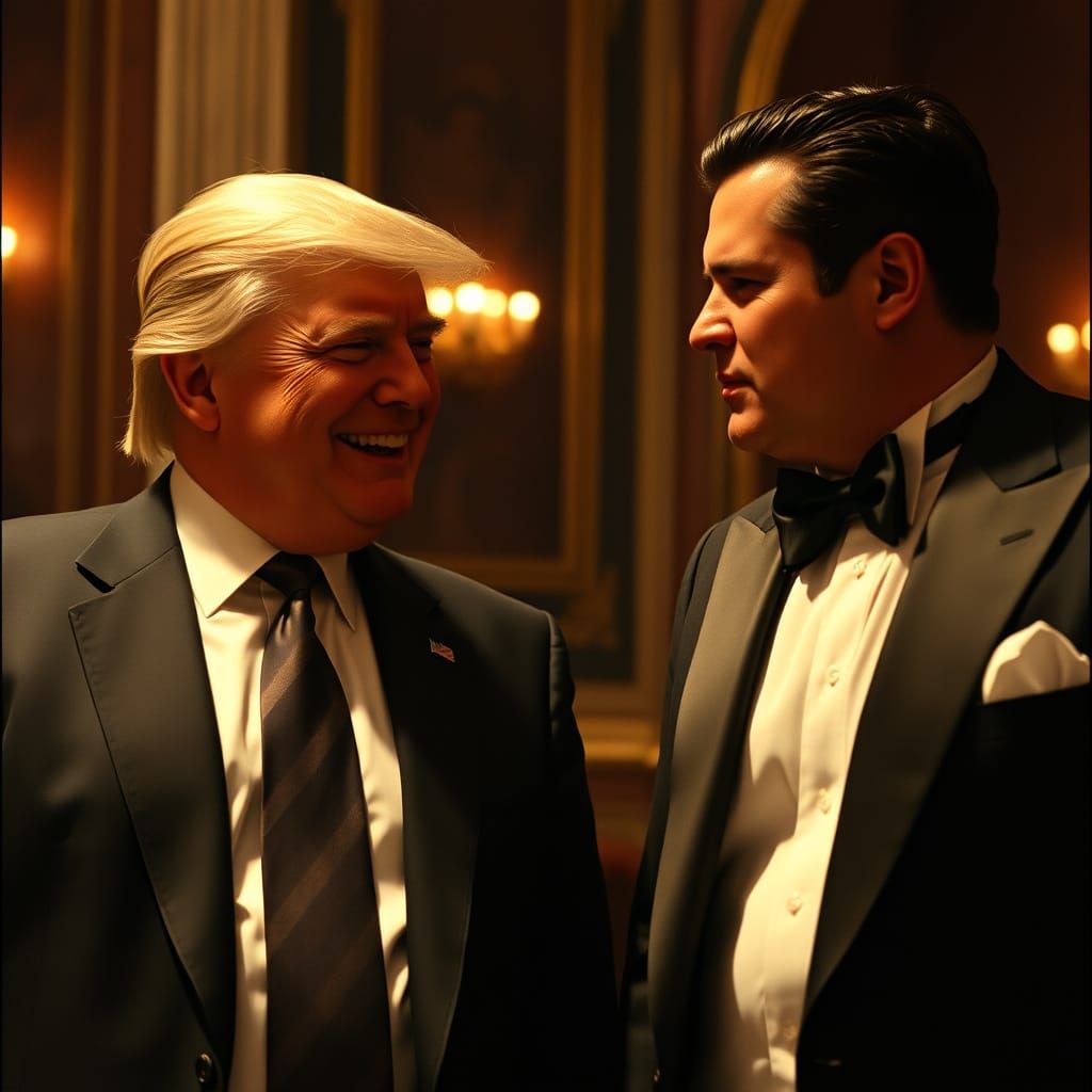 Laughing Trump talking to a mafia criminal