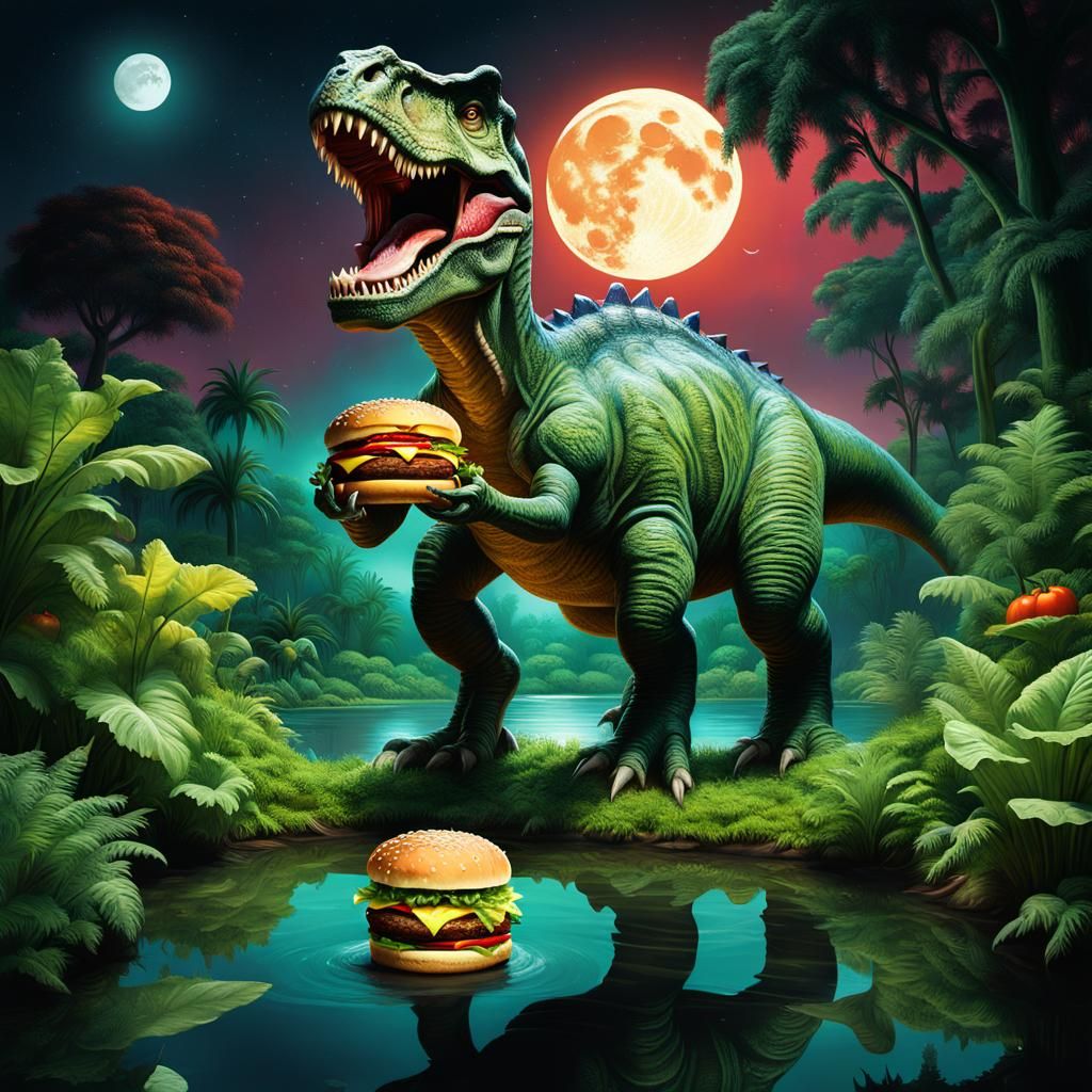 Dinosaur Burger in Moonlit Jungle, a Surrealist Scene