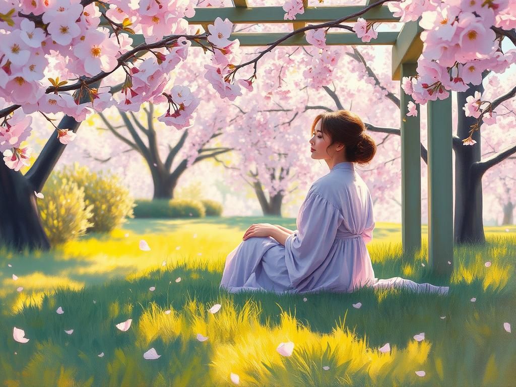 A peaceful park or garden setting where cherry blossoms scat...