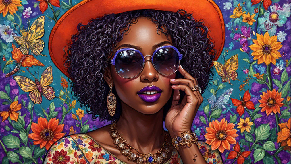 A beautiful senior black woman with purple lipstick, wearing...