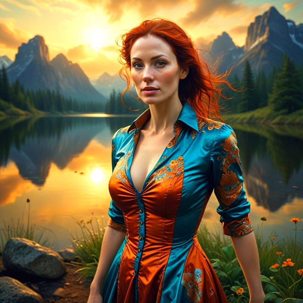 Surrealistic Portrait of a Happy Woman in Vibrant Surroundin...