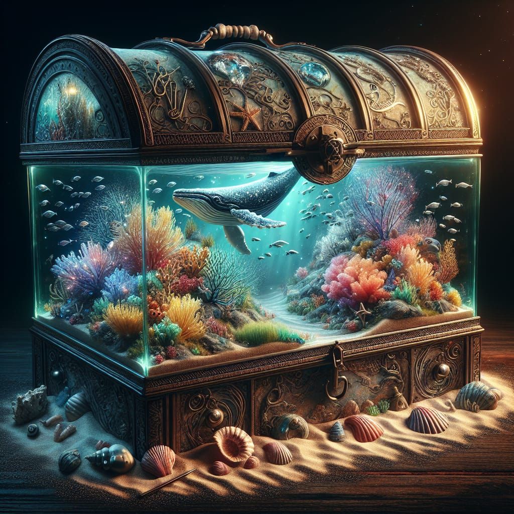 "hyperdetailed fantasy art of Close-up antique glass chest with a miniature underwater kingdom inside ...  by @Spearmint