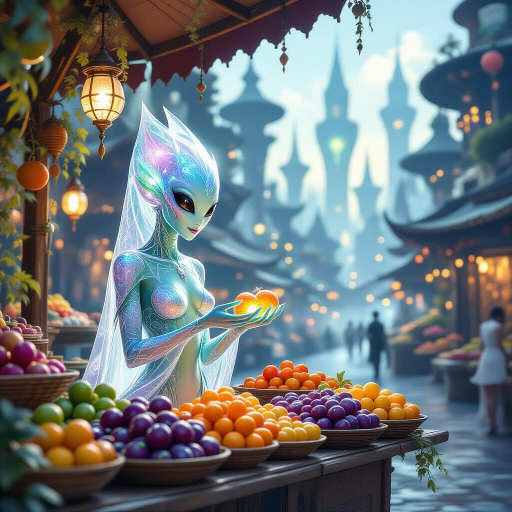 Fruit stand staffed by a beautiful crystal alien woman.  by @Lerna