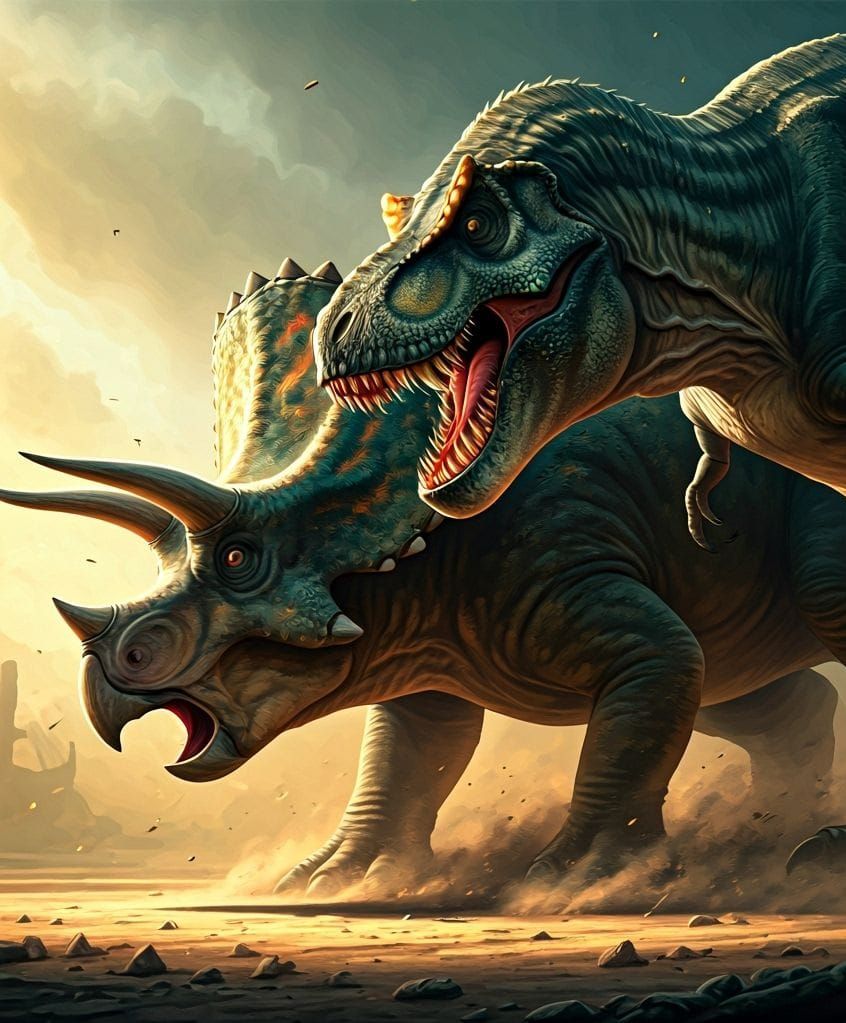 Battle between a Tyrannosaurus Rex and a Triceratops   by @GrizzMum