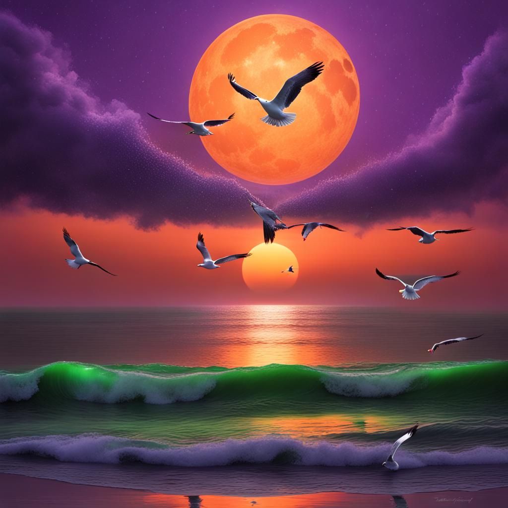 Orange sunset. Purple ocean. Green mist. Three large moons. ...