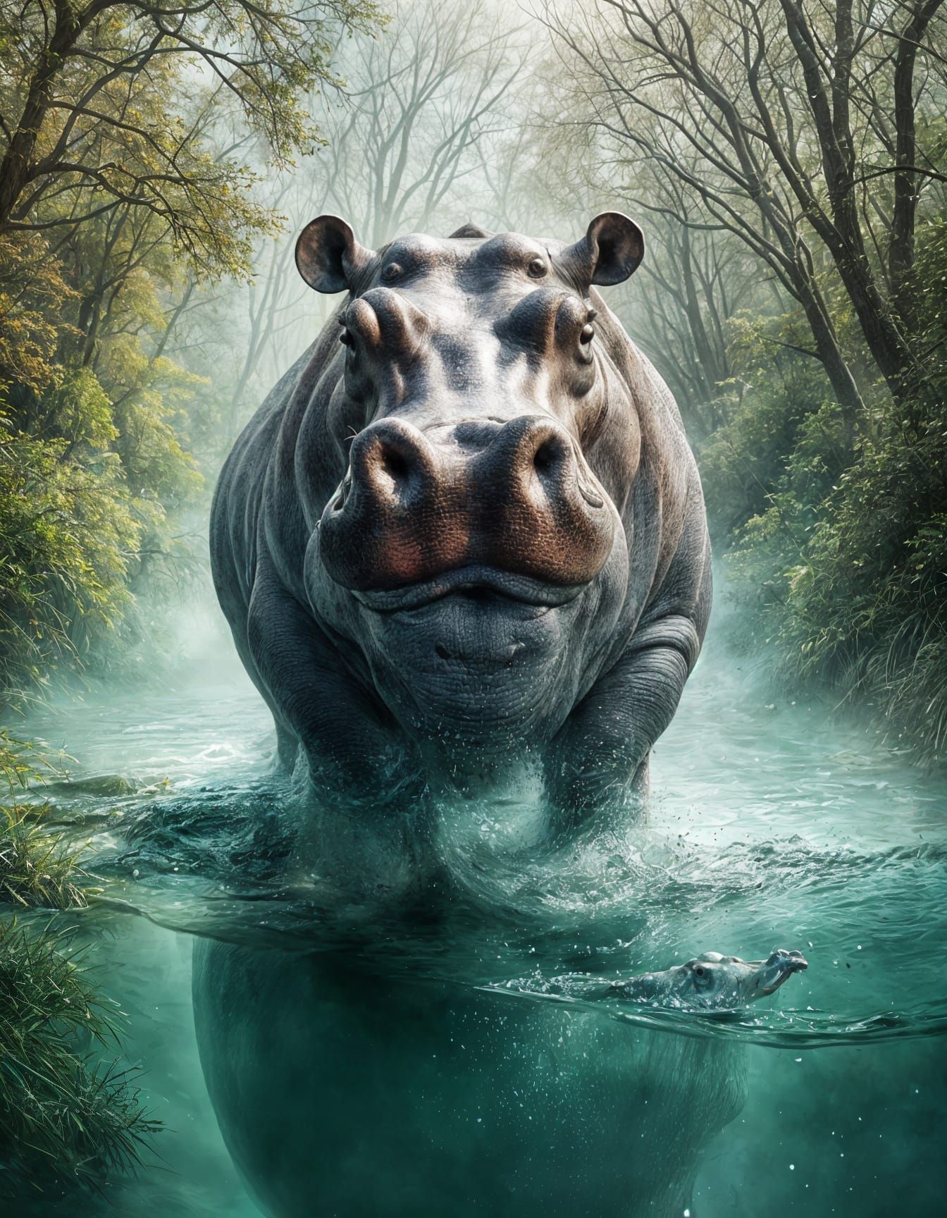 (((Beautiful and stunning hippopotamus submerged in a river)...