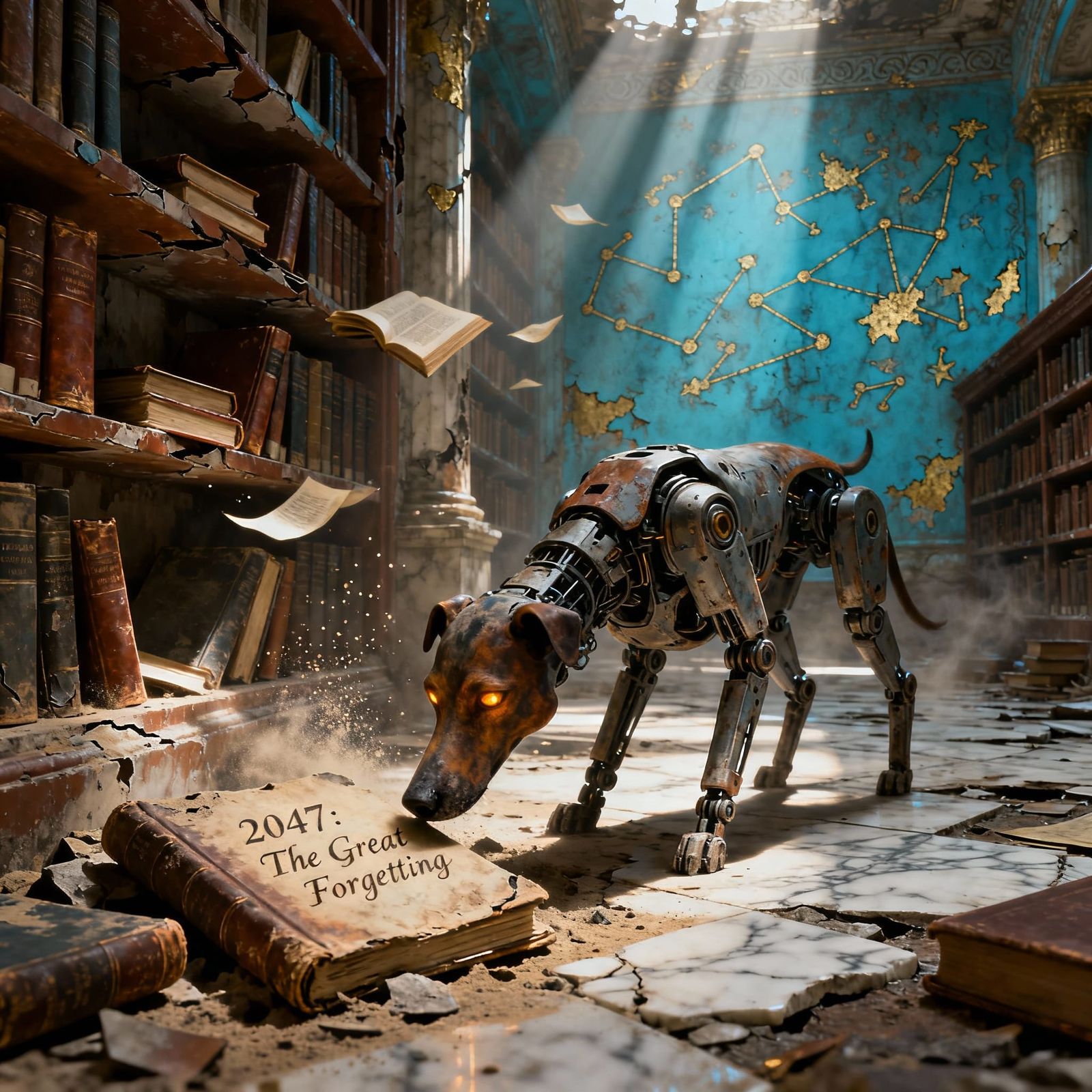 Future Memories  / A robotic dog exploring the ruins of a on...