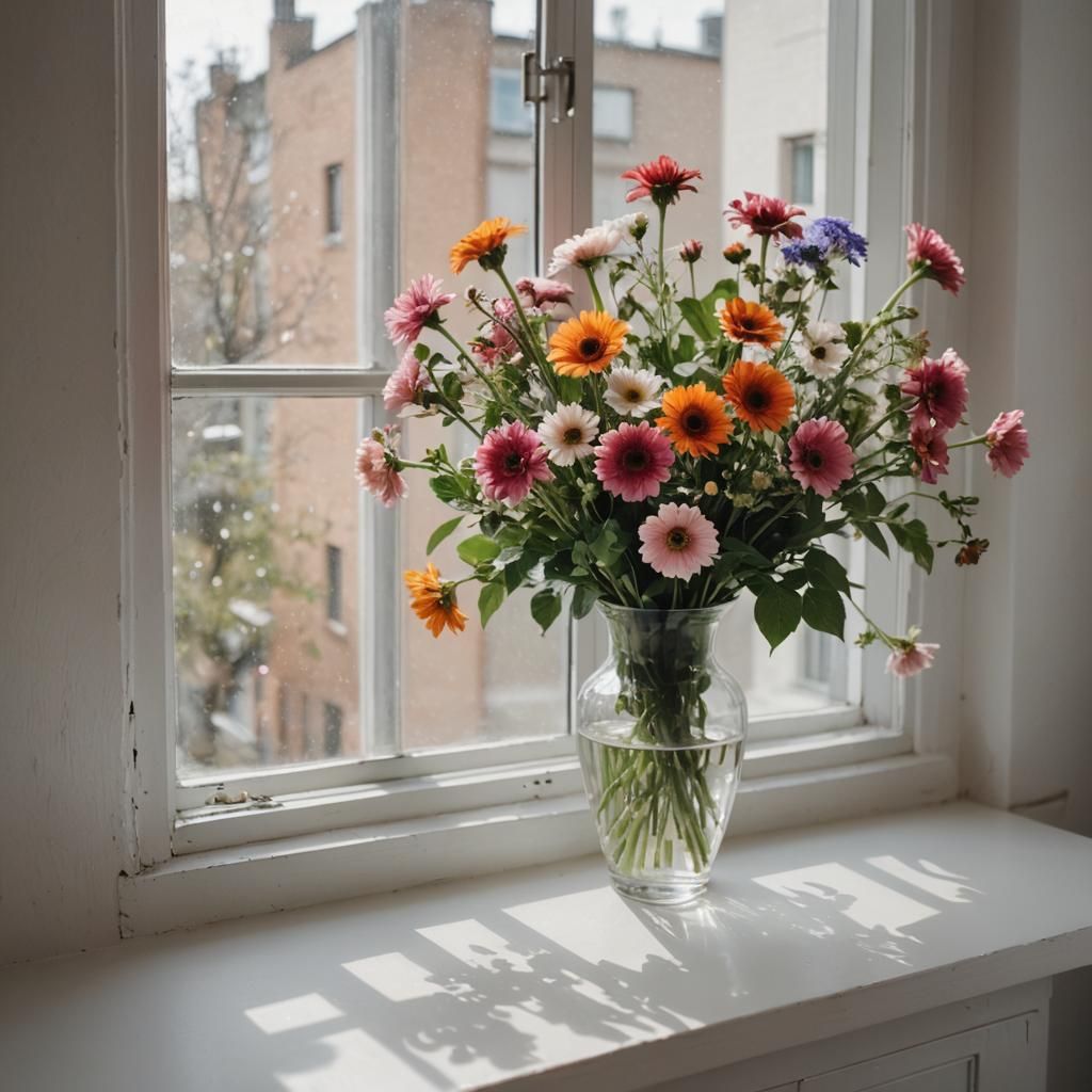 Flowers in a vase on the window sill