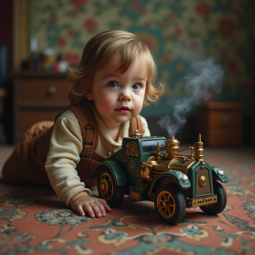 A toy Steampunk trans former with a young child playing onthe bedroom floor. Hyperrealistic, splash art, concept art, mid shot, intricately...