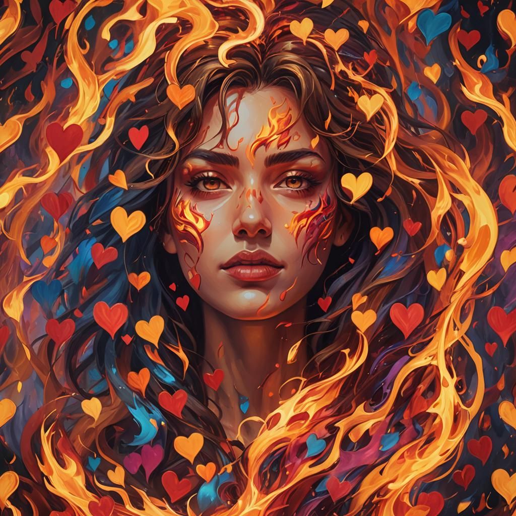 Passionate Conceptual Art with Hearts and Flames