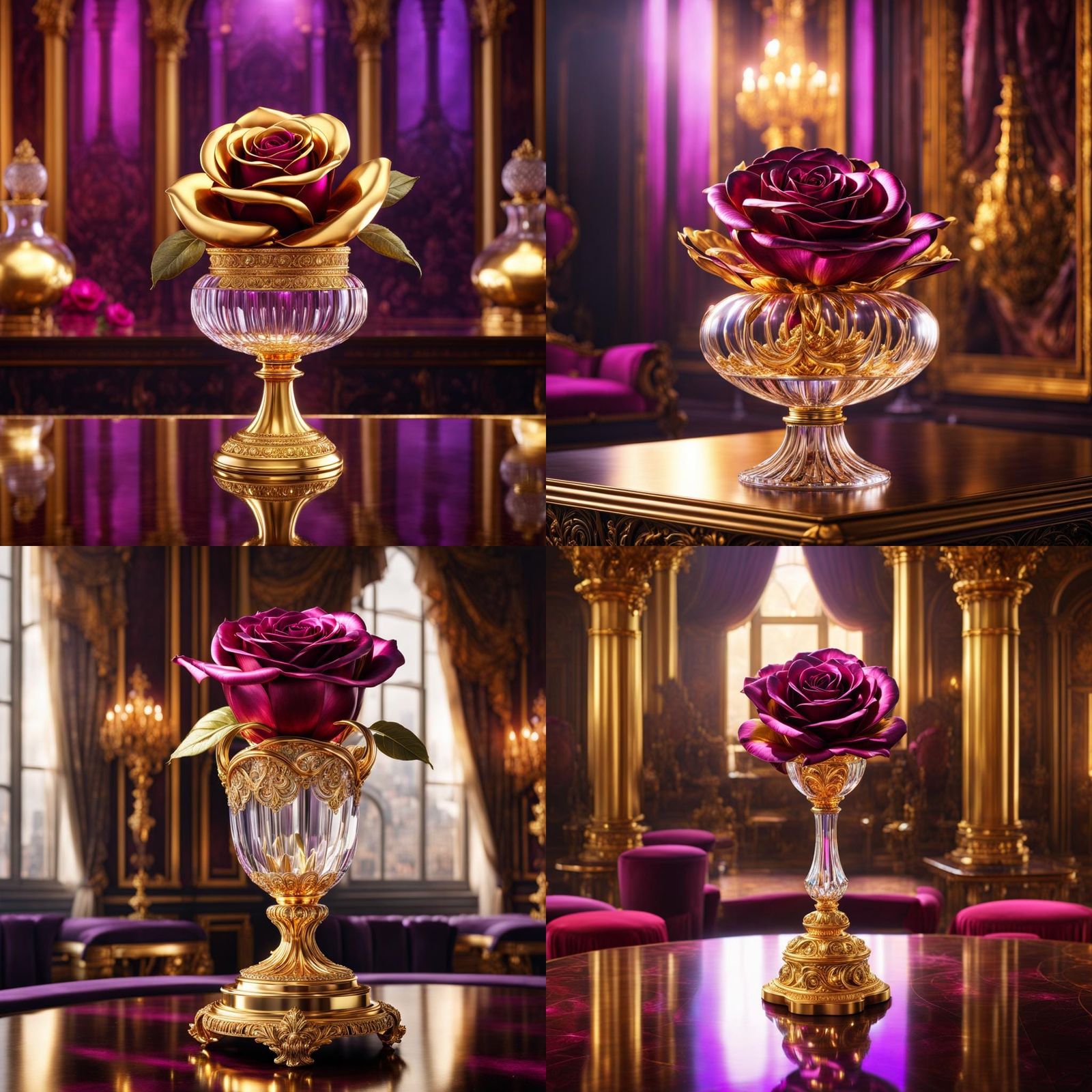 An amazing golden rose in a crystal vase on a table in a palace room