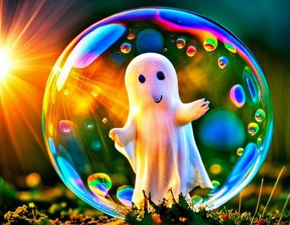 Lots of colorful Polychromatic transparent soap Bubbles with a bioluminescent cute Ghost inside the bubbles ...  by @Arturex