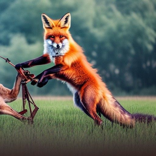 Fox in grass attacking a furious horned bull