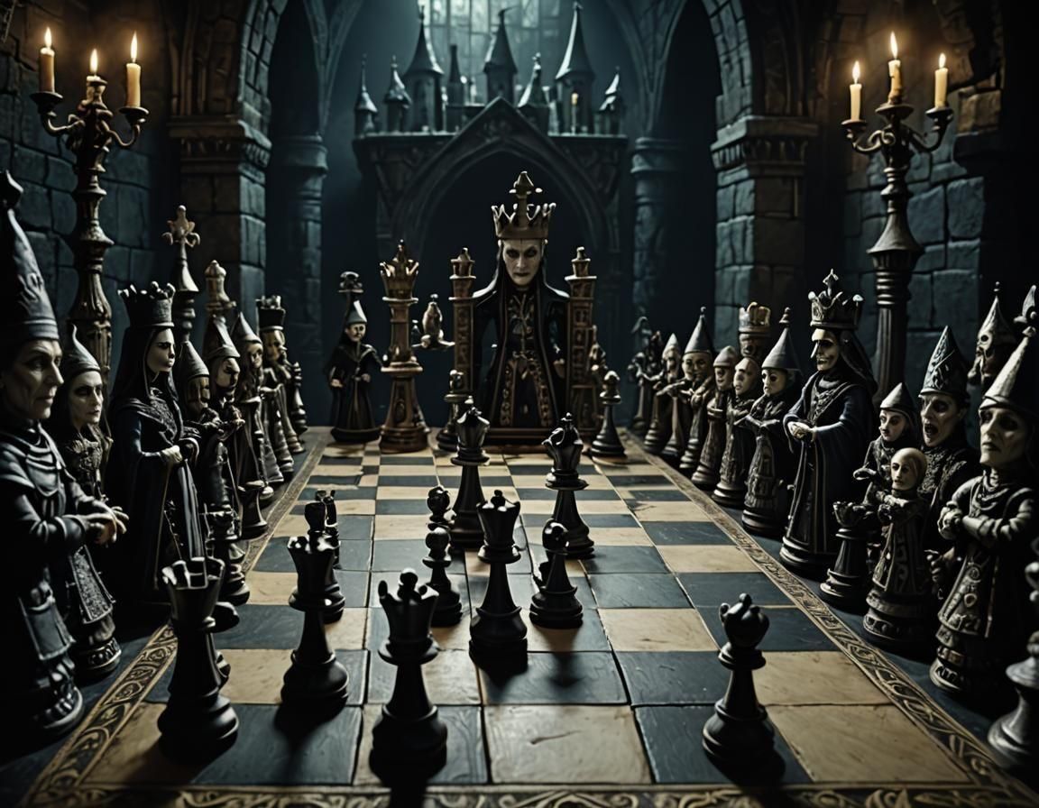 a gothic chess set with castles as the rooks, vampires as the knights, mummies as the bishops, villagers ...  by @Gregory Schrupp