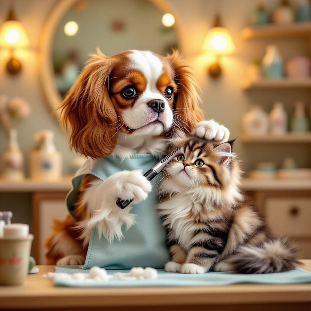 A KING CHARLES SPANIEL RUNNING A CAT GROOMING SERVICE. TRIMMING A PERSIAN KITTY.  by @Van Vanner