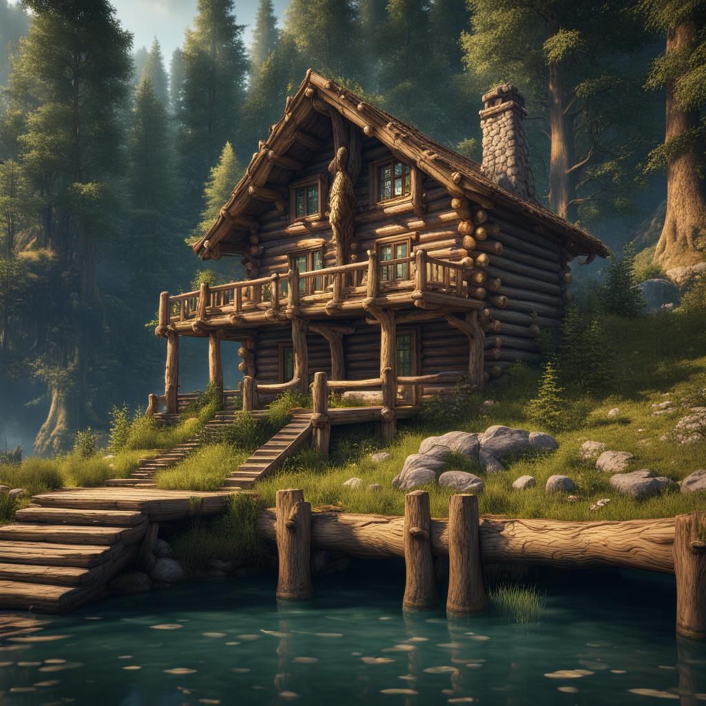 A single log house by the lake. In the forest. Summer season. - AI ...