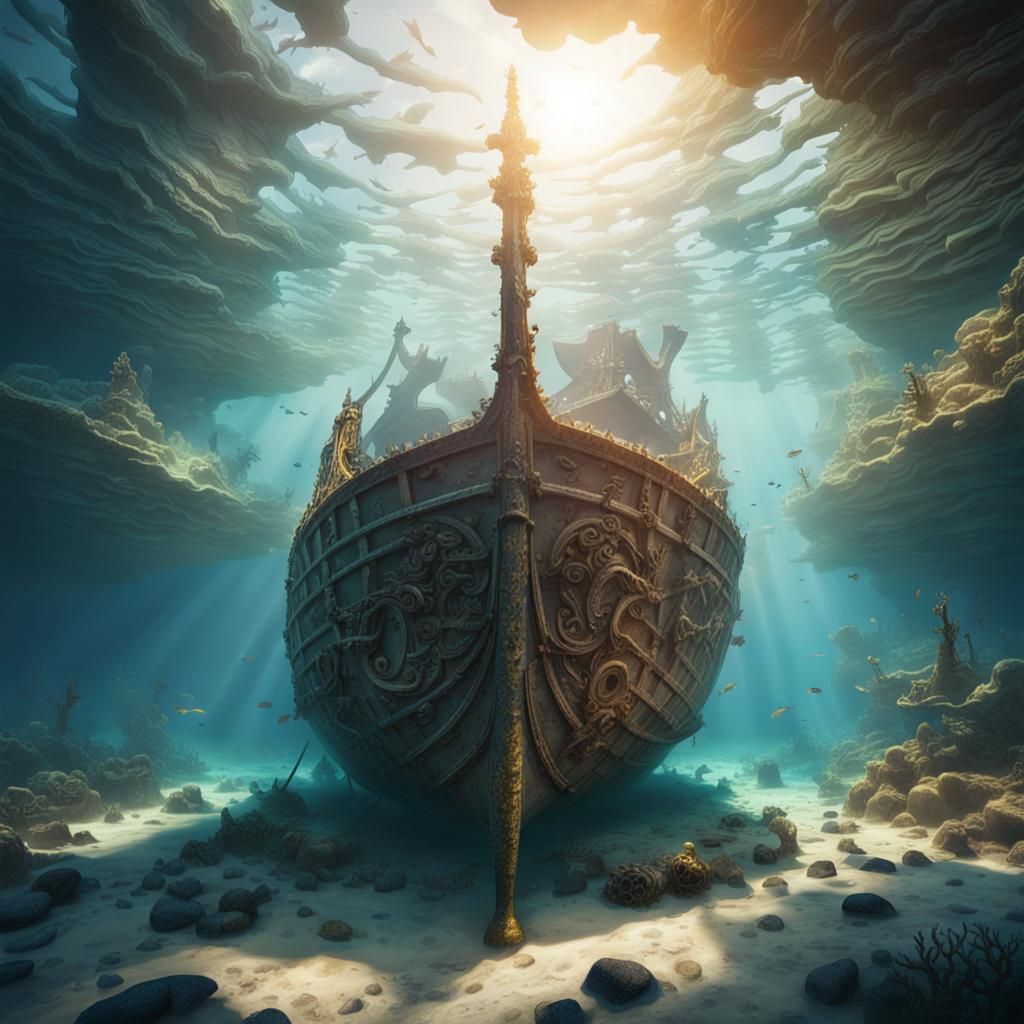 (Double exposure), underwater shipwreck of a Viking ship, la...
