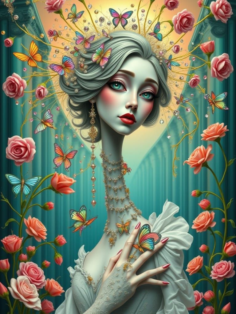 A surreal portrait in the whimsical nouveau style: a woman with distorted, asymmetrical facial features, big diamond-clear eyes that refract...
