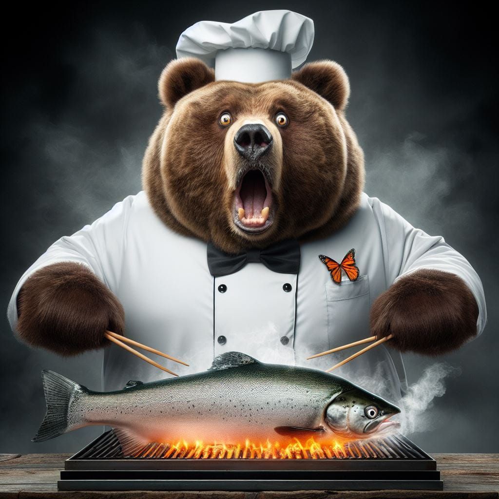 Asian Hibachi Chef Obese Bear Horrified by grilling live Sal...