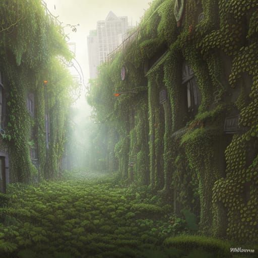 Overgrown city covered in vines and moss