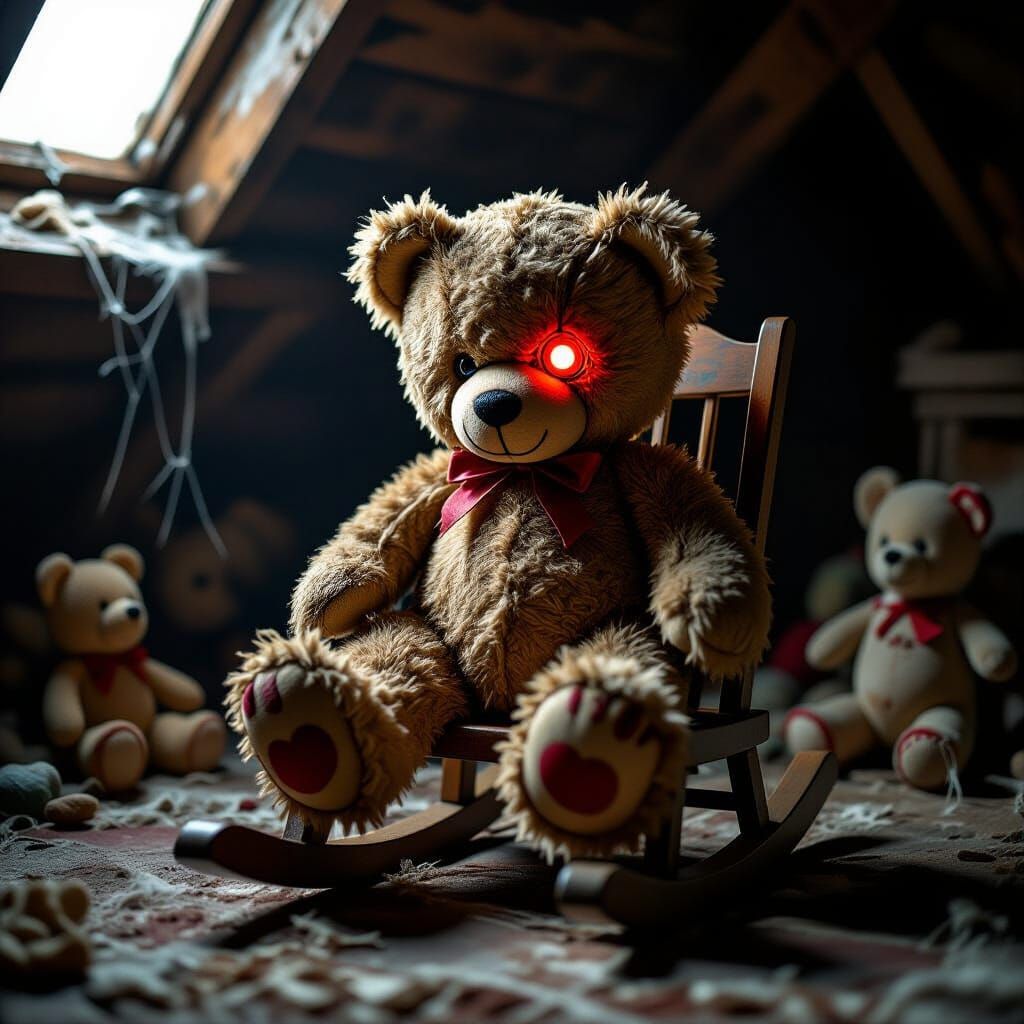 A sinister teddy bear, its fur matted and stained, with one button eye replaced by a glowing red LED. ...  by @Iconoclast
