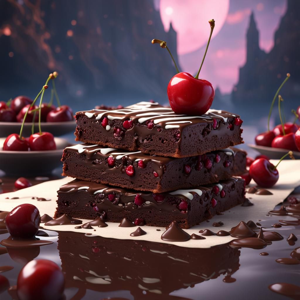 Iced brownie with all the cherries  by @Fictioneer