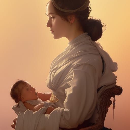 a girl with a bun and a baby on a throne