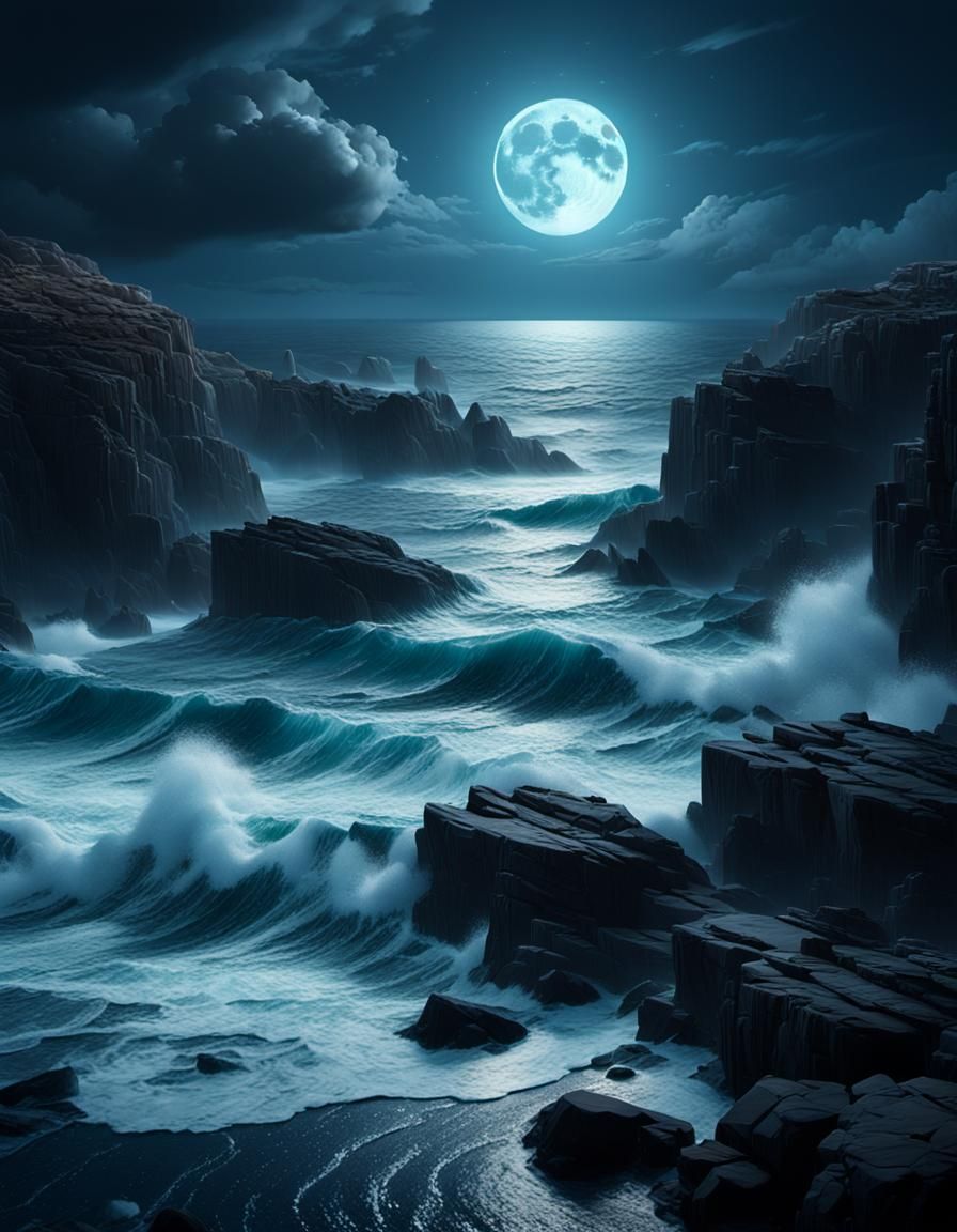 Dramatic Moonlit Waves on Rocky Shoreline