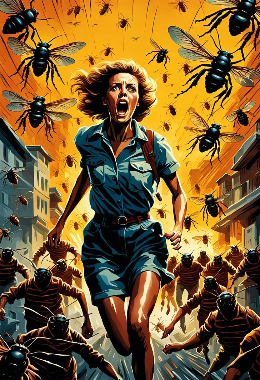 A horrified young woman fleeing the attack of a swarm of hor...