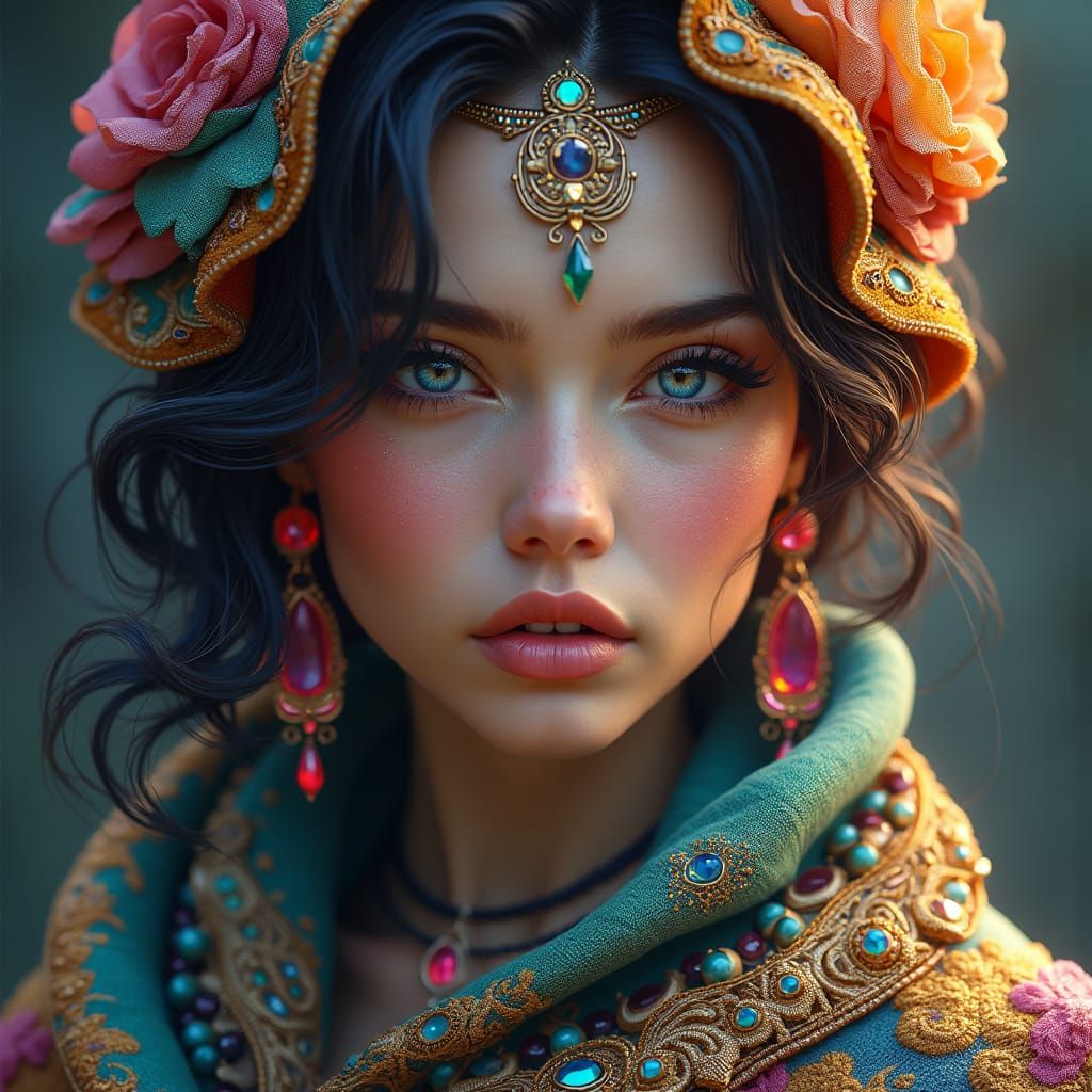 Hyperrealistic portrait of a beautiful woman wearing intrica...
