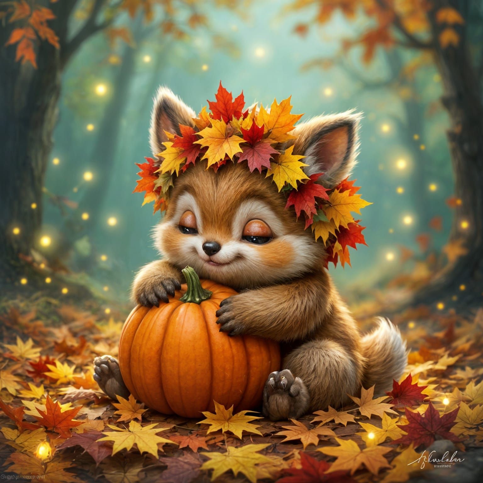 Pumpkin Companion
A chubby little creature with fur the color of chestnuts, wearing a wreath of maple ...  by @Schoor