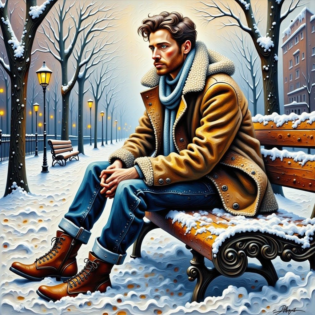 <lora:Lovely portrait:1.0> A handsome man in Winter sitting on a bench. Illustration, impasto deep painting.