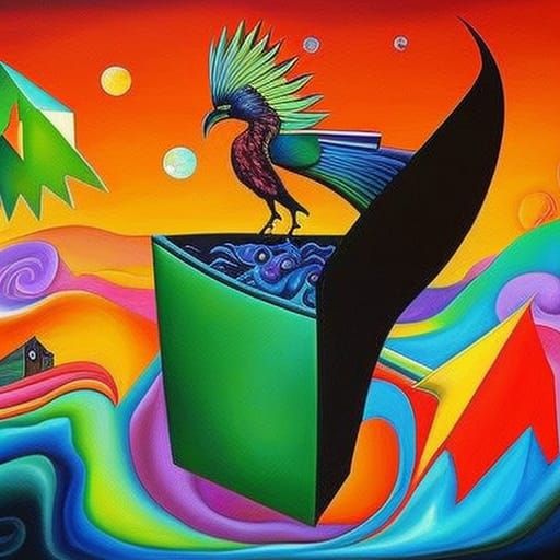 A colorful surreal naïve-art painting of a multi-dimensional dumpster ...