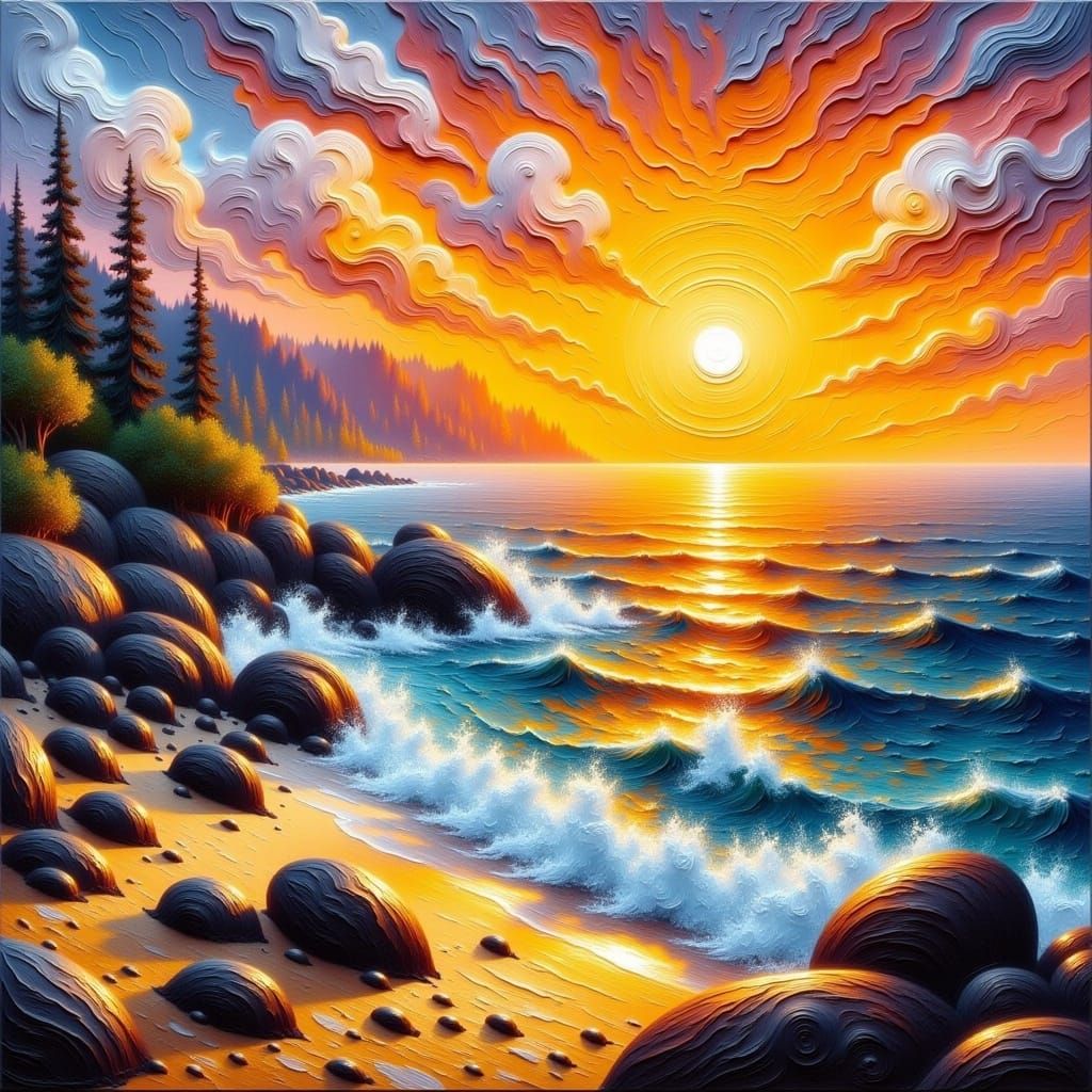 <lora:Oilpaint:1.0> sunset coastal seascape in the style of <oilpainting> with thick brush strokes