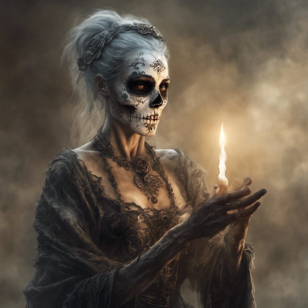 Day of the Dead, older woman with candle.