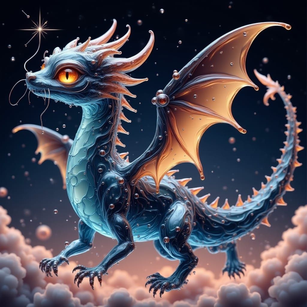 <lora:Magical Water Flux:1.0> Breathtaking cute transparent baby dragon made of glowing stars, big shiny eyes,  flying over the clouds in th...