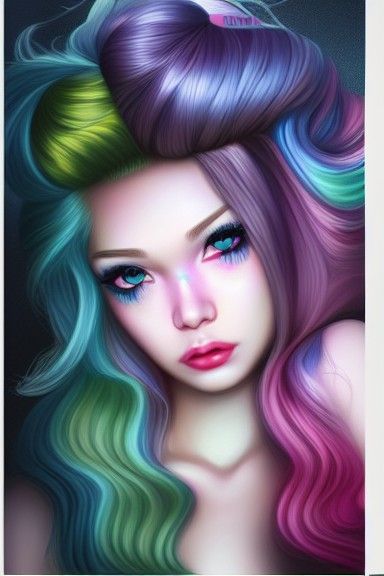 "kawaii pretty girl with rainbow hair", magic, fantasy glowi...