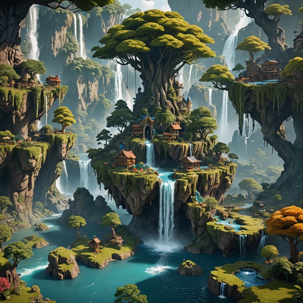Floating Fantasy Islands with Waterfalls and Animals