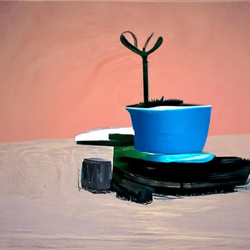 hard-edge flat minimalist painting of a turntable and a pott...