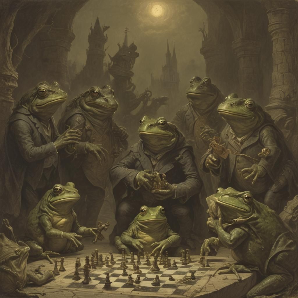 Frogs playing chess. horror Gustave Doré Greg Rutkowski