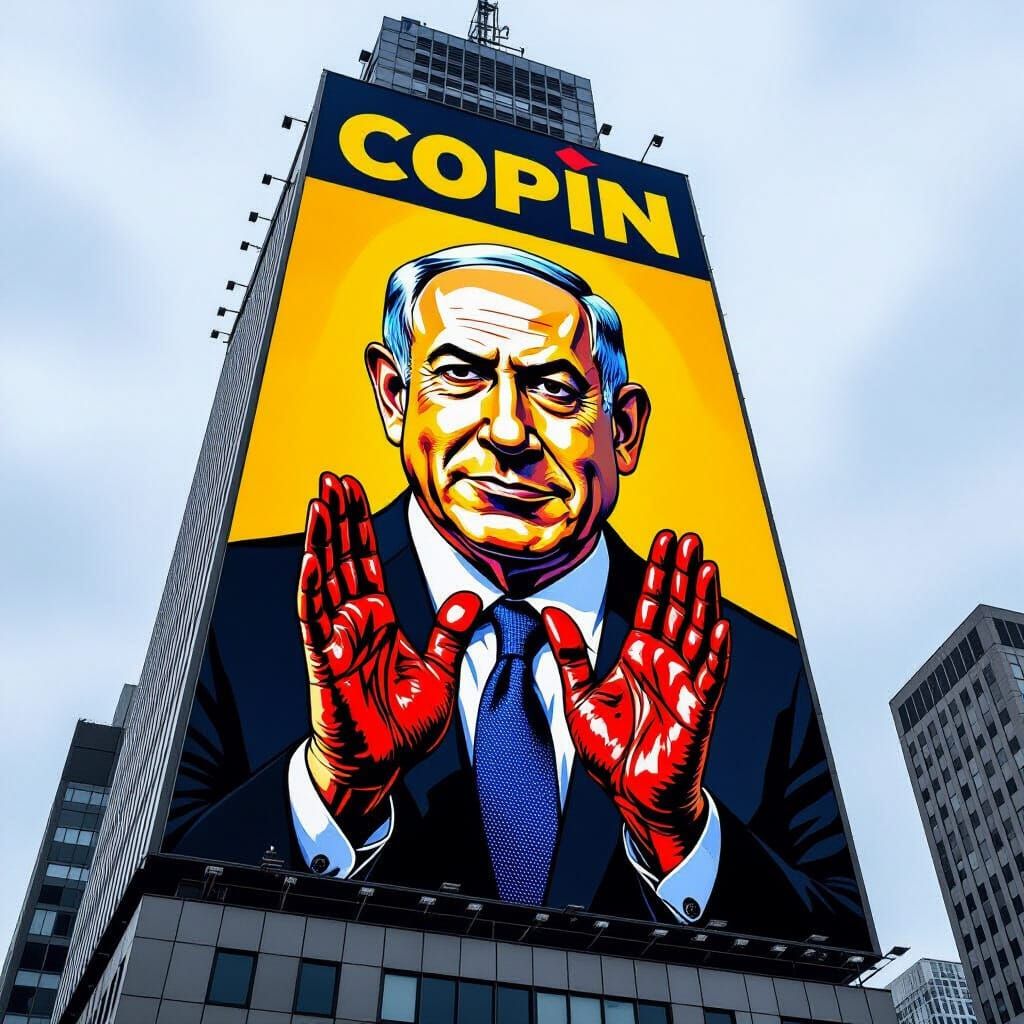 A huge Compin sign on one of the towers shows Bibi Netanyahu and his hands soaked in blood in the strong colors of Compin: yellow, red, blac...