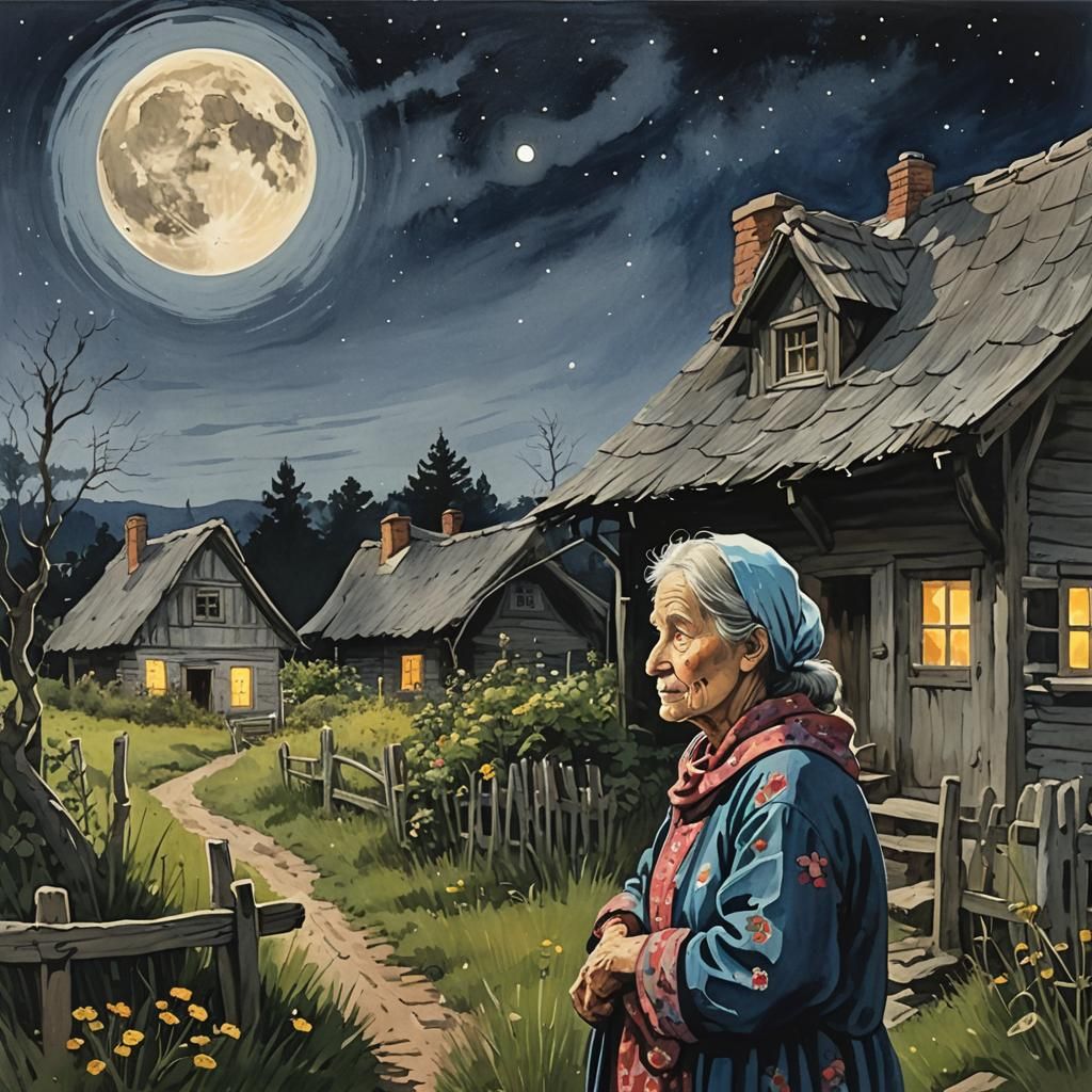 Old woman looking at the moon by cottage