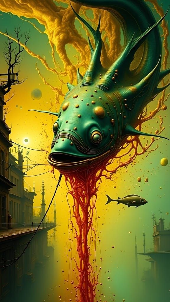 <lora:PandoraBox:1.0>  Fish eye lens, Oil-Spill from Holden FJ Oil-Leak focused on Street, amber yellow red green, splash art, hyperdetailed...