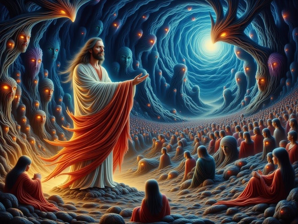 <lora:SuperHyperrealismFlx:1.0> <lora:-Darken-:1.0> <lora:-Omnious-:1.0> <lora:Combination styles:1.0> the messiah stood tall on a pedestal,...