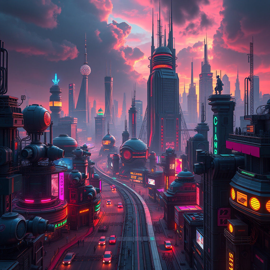 Fantastical Robot World in Vibrant Matte Painting