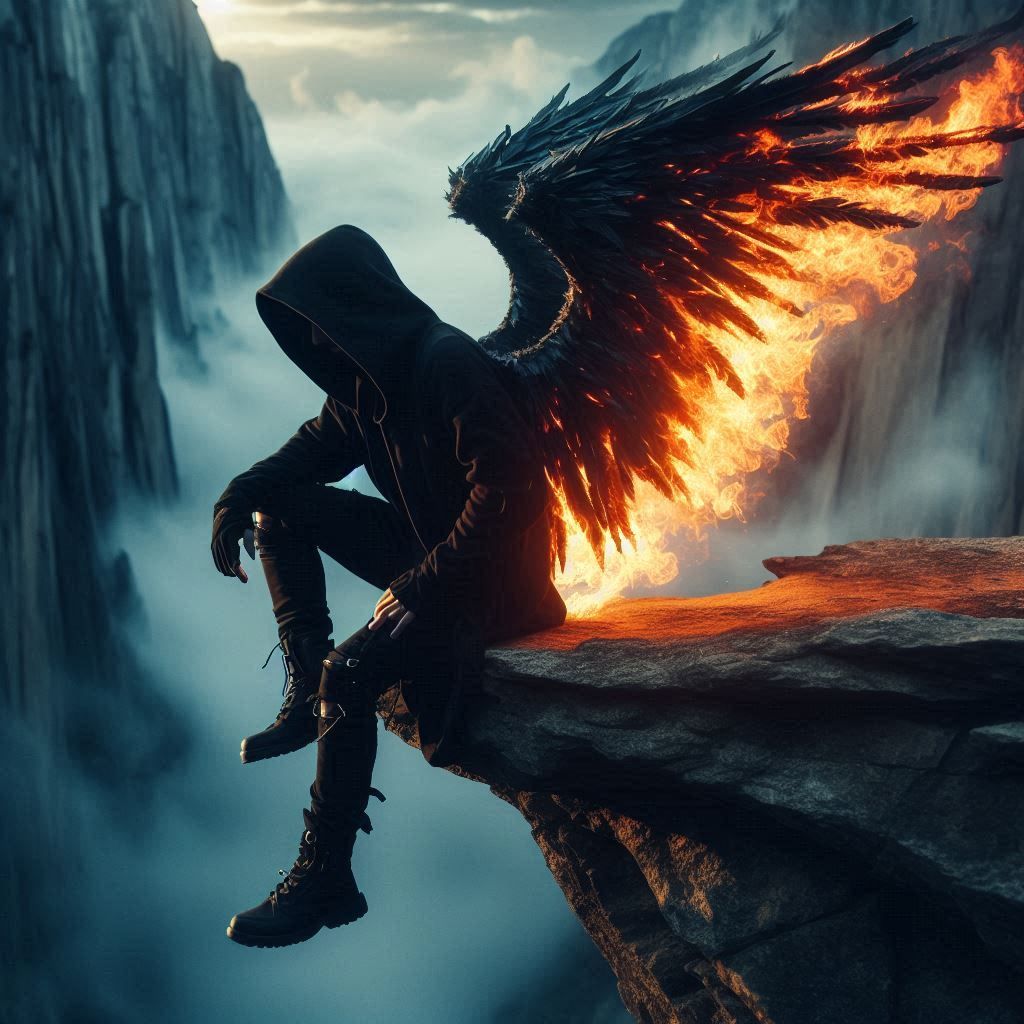 Black angel crouches on a burning cliff #II